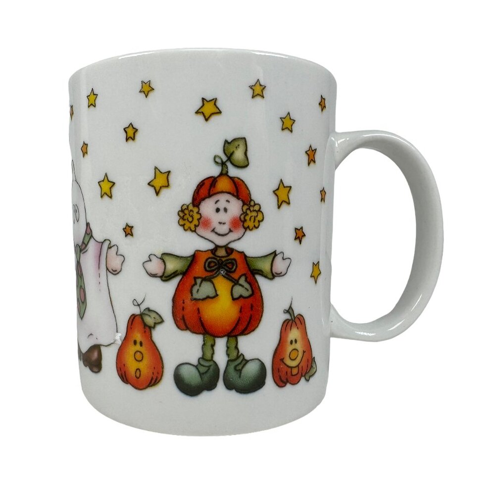 Cute Halloween Mug Kids in Costumes Cat Witch Ghost Pumpkin w/ Stars Spooky Goth
